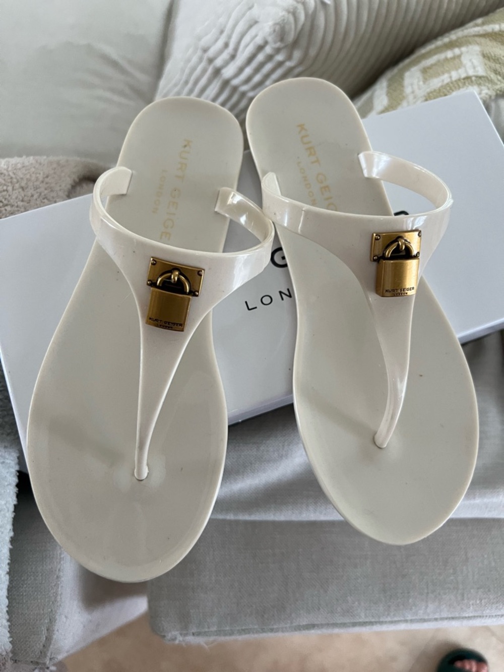 Kurt Geiger Cream Jelly Thong Sandals with Gold Padlock